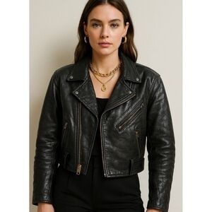 Rare Vintage Golden Bear Black Lapelled motor Leather Jacket 70’s-80’s Size M
